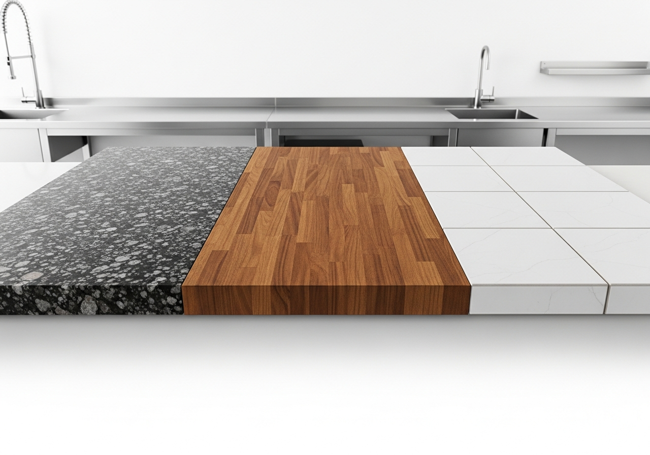Arbeitsplatten Materialvergleich – Granit, Holz und Keramik nebeneinander