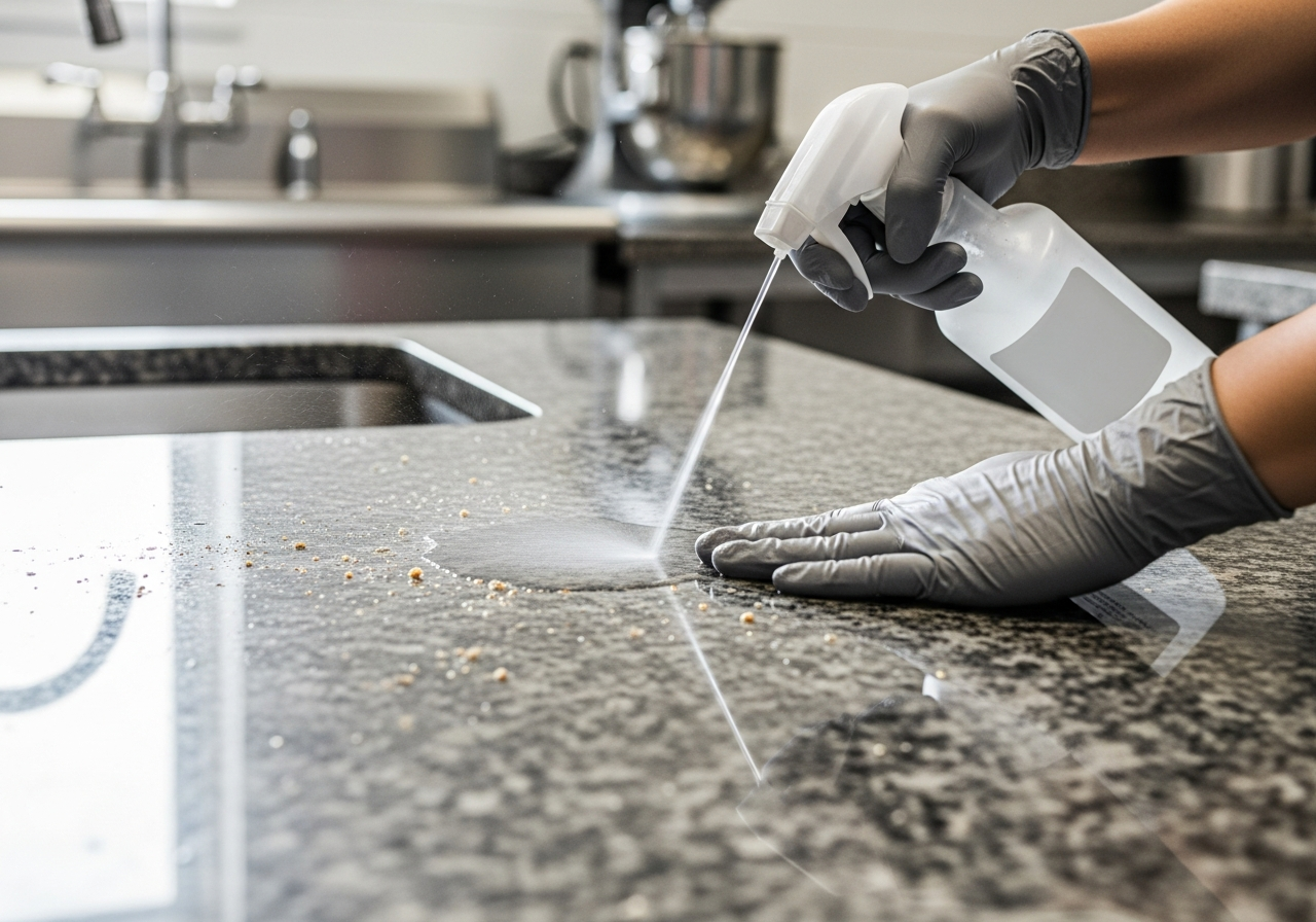 Reinigung einer Granitarbeitsplatte – Detailaufnahme Pflege